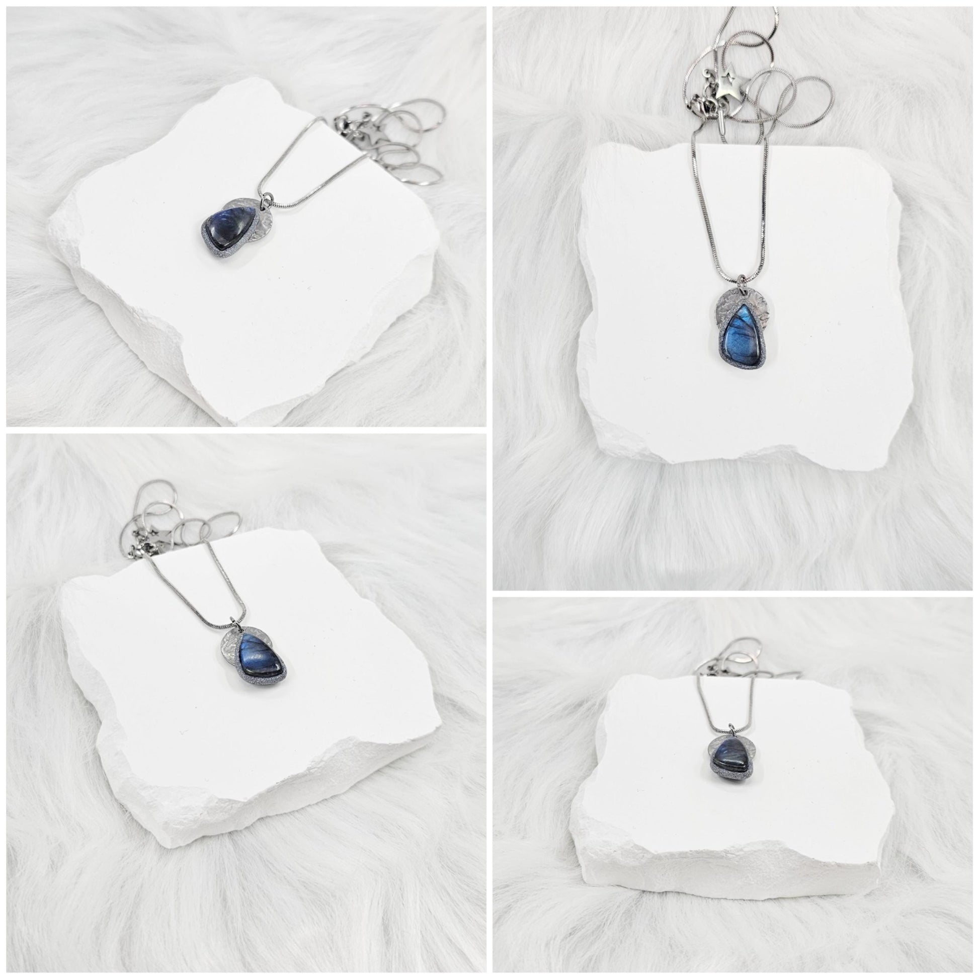 Handmade labradorite pendant necklace with a short stainless steel chain. Features a unique polymer clay setting. One of a kind magical jewelry, perfect gift for her.