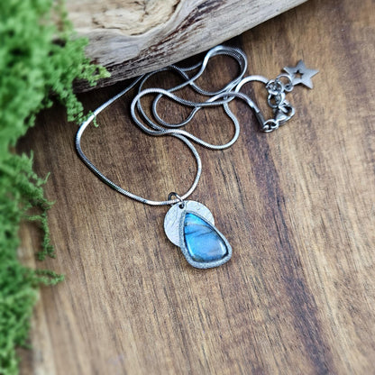 Handmade labradorite pendant necklace with a short stainless steel chain. Features a unique polymer clay setting. One of a kind magical jewelry, perfect gift for her.