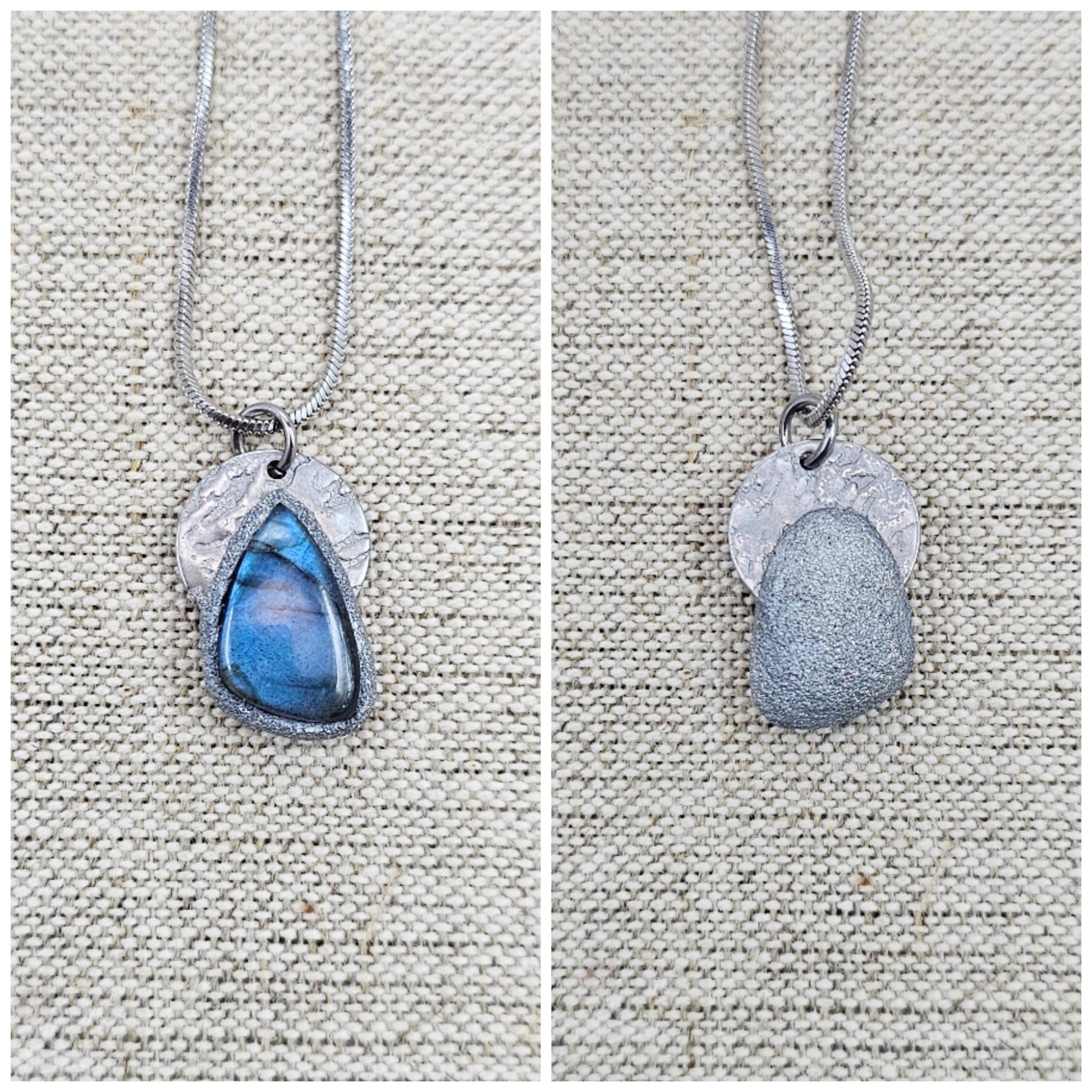 Handmade labradorite pendant necklace with a short stainless steel chain. Features a unique polymer clay setting. One of a kind magical jewelry, perfect gift for her.