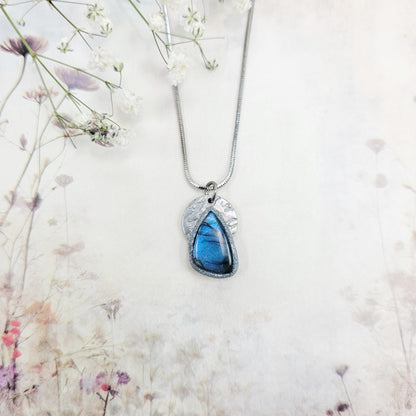 Handmade labradorite pendant necklace with a short stainless steel chain. Features a unique polymer clay setting. One of a kind magical jewelry, perfect gift for her.