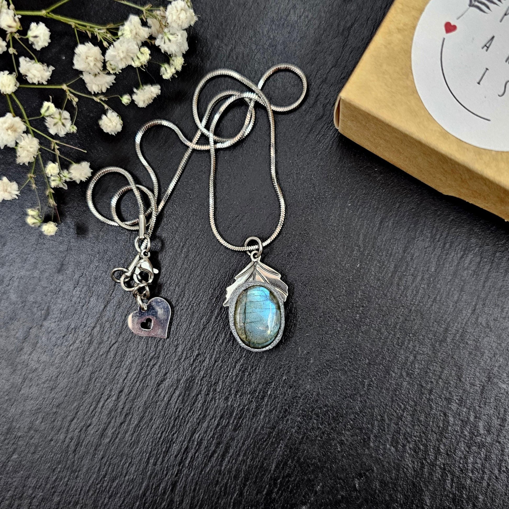 Bright Labradorite Teardrop Necklace – Intense Blue Glow Pendant – Stainless Steel Chain – Magical Statement Jewelry for Her