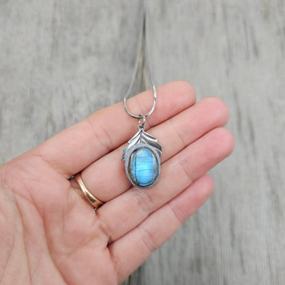 Bright Labradorite Teardrop Necklace – Intense Blue Glow Pendant – Stainless Steel Chain – Magical Statement Jewelry for Her