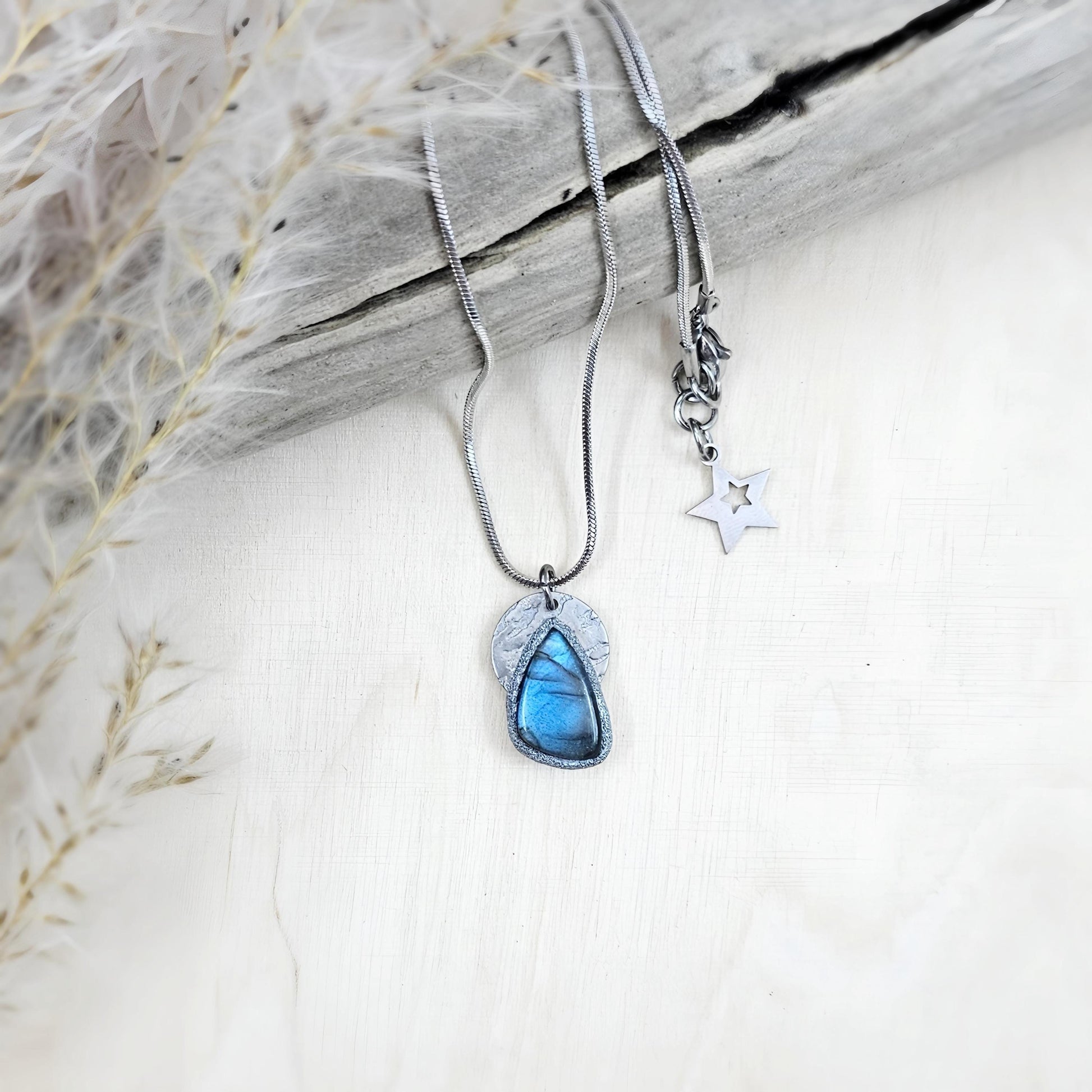 Handmade labradorite pendant necklace with a short stainless steel chain. Features a unique polymer clay setting. One of a kind magical jewelry, perfect gift for her.