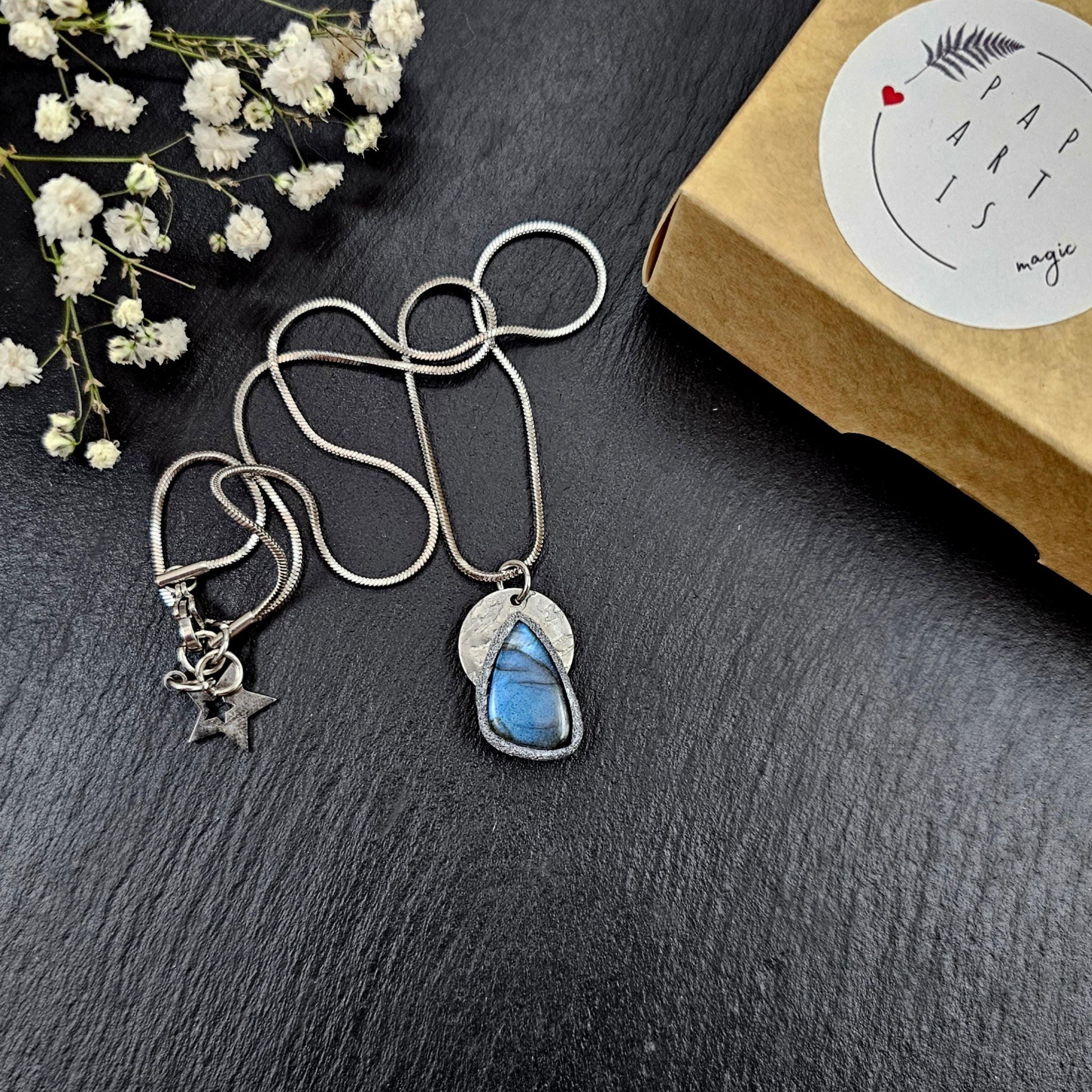Handmade labradorite pendant necklace with a short stainless steel chain. Features a unique polymer clay setting. One of a kind magical jewelry, perfect gift for her.