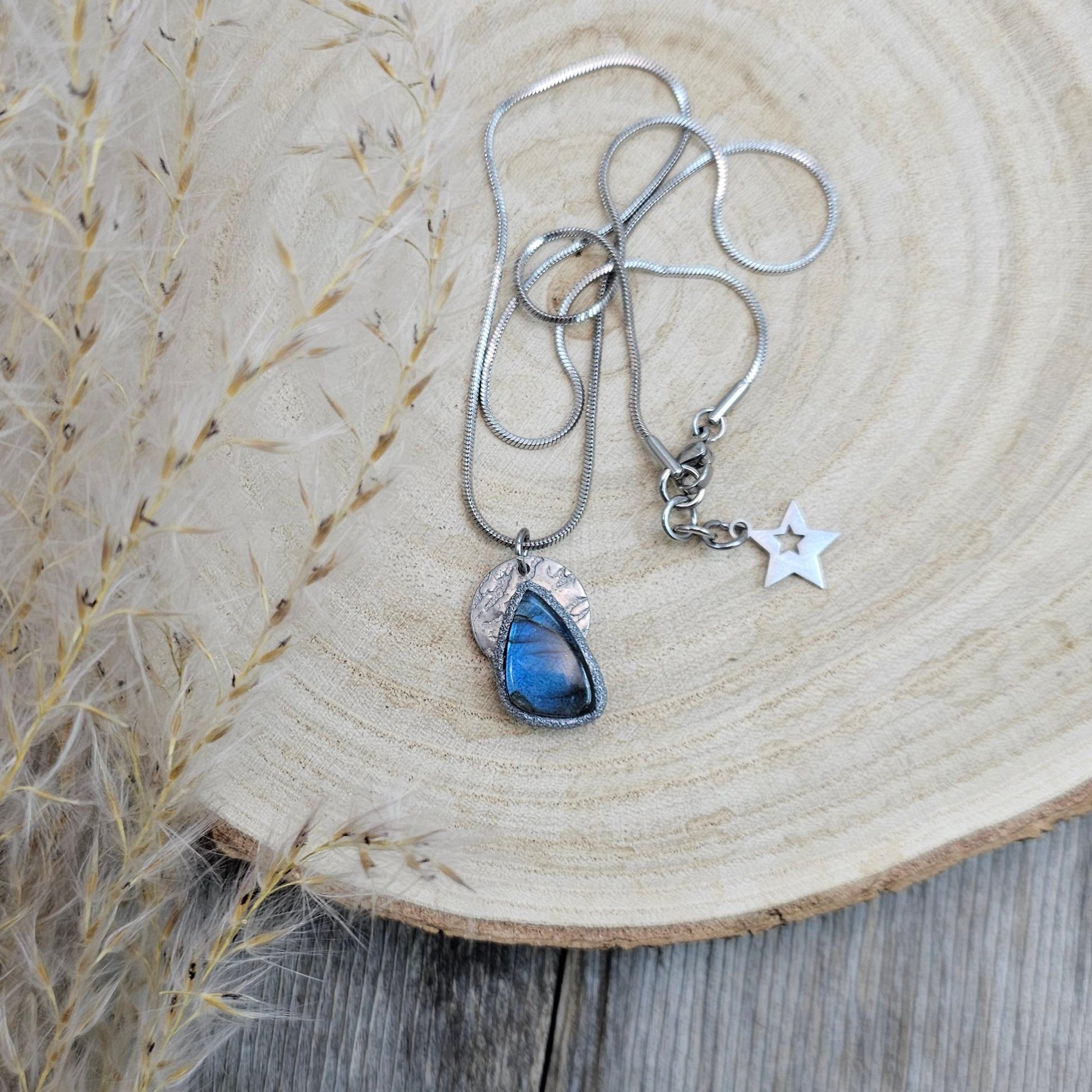 Handmade labradorite pendant necklace with a short stainless steel chain. Features a unique polymer clay setting. One of a kind magical jewelry, perfect gift for her.
