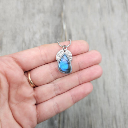 Handmade labradorite pendant necklace with a short stainless steel chain. Features a unique polymer clay setting. One of a kind magical jewelry, perfect gift for her.