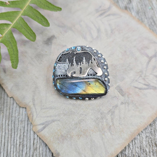 Handmade brooch with labradorite and bear design – polymer clay pin symbolizing strength and protection, unique nature-inspired jewelry.