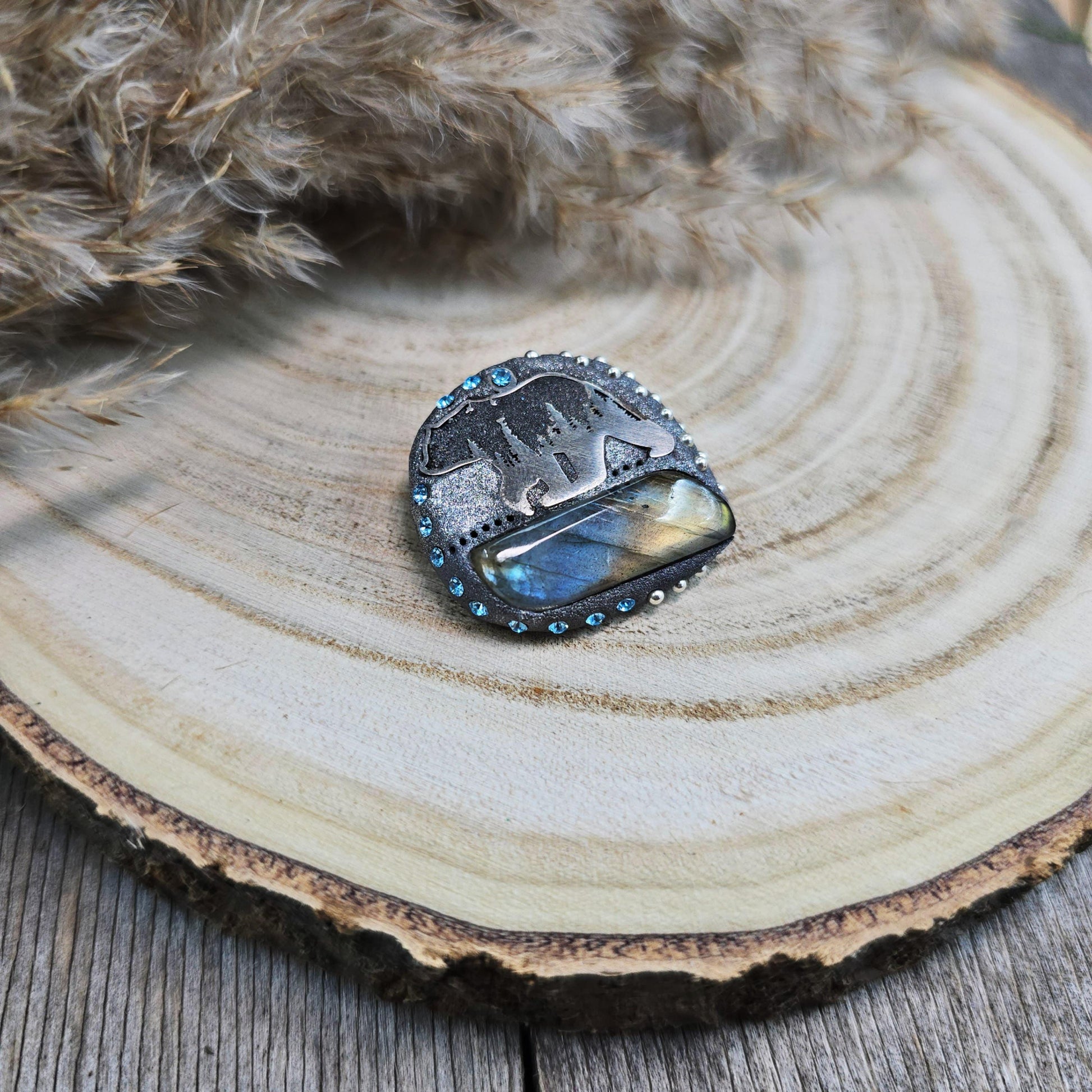 Handmade brooch with labradorite and bear design – polymer clay pin symbolizing strength and protection, unique nature-inspired jewelry.