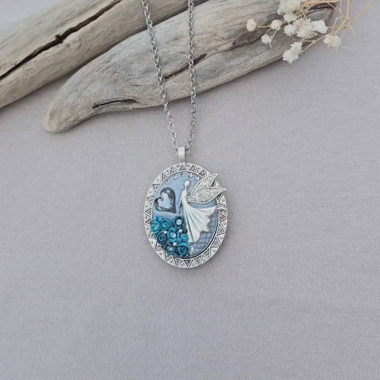 Double Sided Handmade Turquoise Blossom Fairy Heart Locket Pendant with Polymer Clay Floral Accents