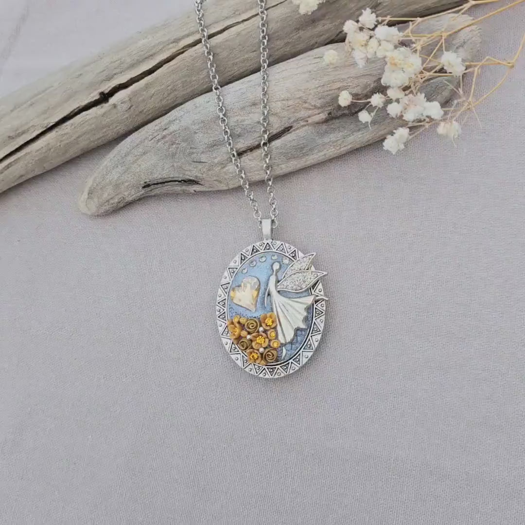 Double Sided Handmade Golden Yellow color Fairy Heart Locket Pendant with Polymer Clay Floral Accents