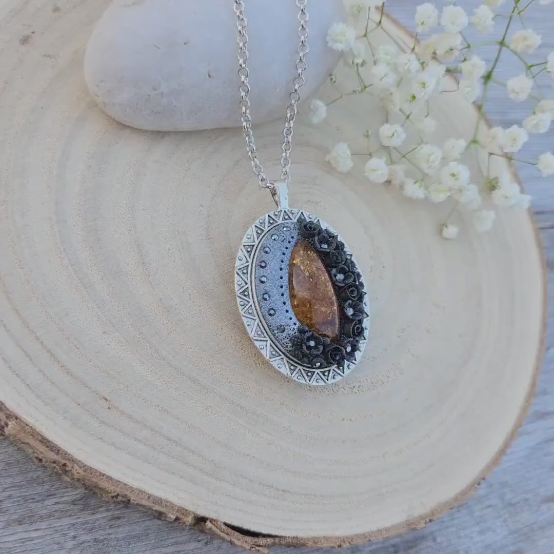 Handmade Double Sided Baltic Amber Pendant Locket with Silver Tone Metal, Perfect Medallion for Photo or Essential Oil