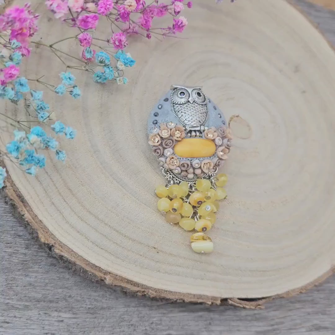 Handmade Polymer Clay Brooch With Owl, Baltic Amber Flowers, Crystals and Heart on reverse, Polymer Clay Brooch, Amber Brooch, Gift for Mom