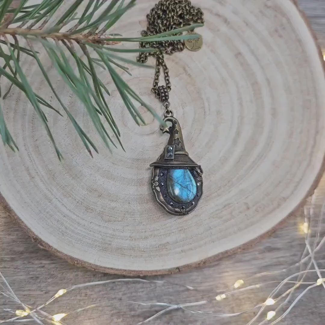 Double sided Magical Wizard Hat Pendant with Labradorite and Heart Locket – Unique Protective Jewelry Gift, Magic Pendant, Amulet, Talisman