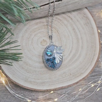 Double sided Handmade Labradorite Pendant with Fairy, Locket, and Polymer Clay Flowers - Magical Protection Amulet, Talisman, Love Gift